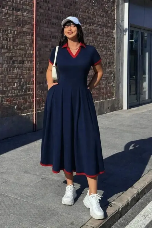 Kadın Kısa Kollu V Yakalı Pileli Uzun Janjan Krep Elbise - 3