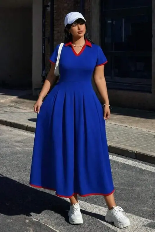 Kadın Kısa Kollu V Yakalı Pileli Uzun Janjan Krep Elbise - 1