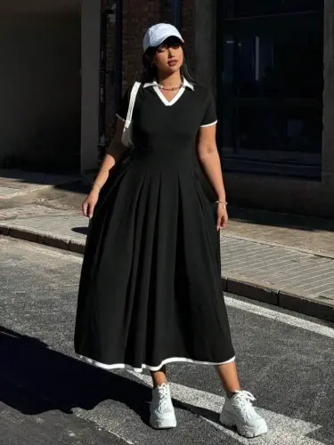 Kadın Kısa Kollu V Yakalı Pileli Uzun Janjan Krep Elbise - 1