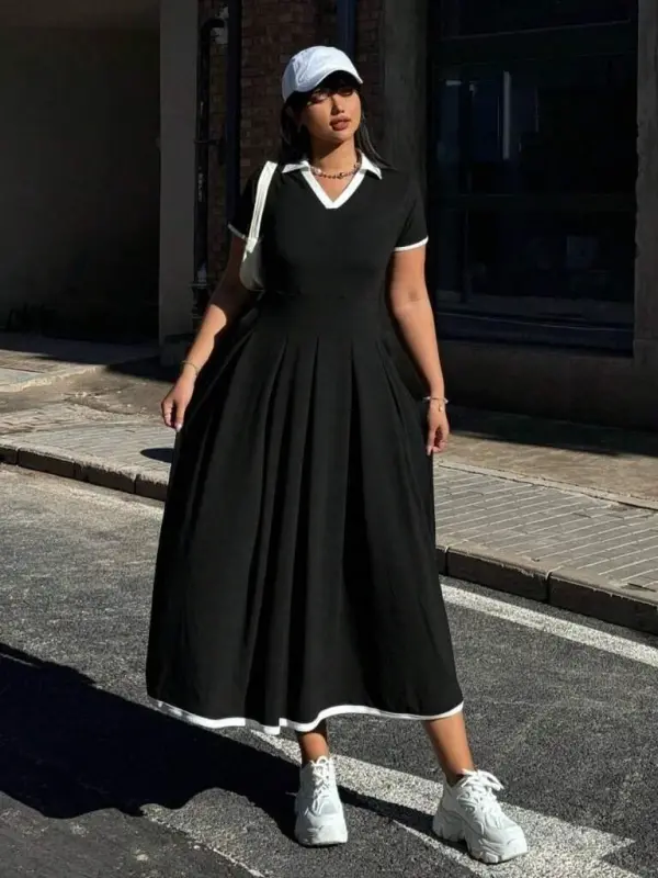 Kadın Kısa Kollu V Yakalı Pileli Uzun Janjan Krep Elbise - 1