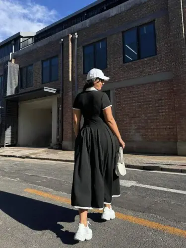 Kadın Kısa Kollu V Yakalı Pileli Uzun Janjan Krep Elbise - 3