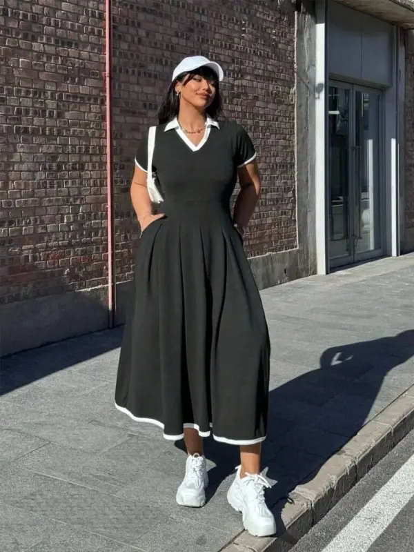 Kadın Kısa Kollu V Yakalı Pileli Uzun Janjan Krep Elbise - 4