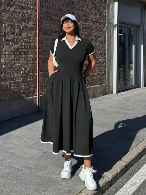 Kadın Kısa Kollu V Yakalı Pileli Uzun Janjan Krep Elbise - 5