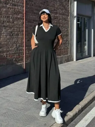 Kadın Kısa Kollu V Yakalı Pileli Uzun Janjan Krep Elbise - BÜYÜKBEDENIZ (1)