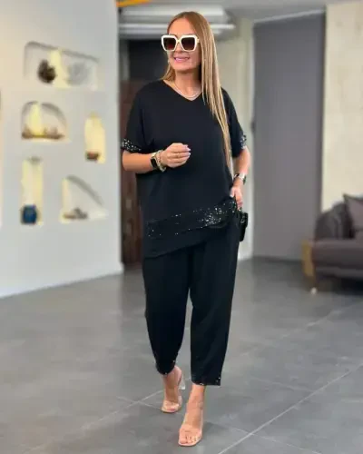 Kadın Kısa Kollu V Yakalı Pul Payetli Viskon Iki Iplik Bluz Ve Pantolon Ikili Takım - 3