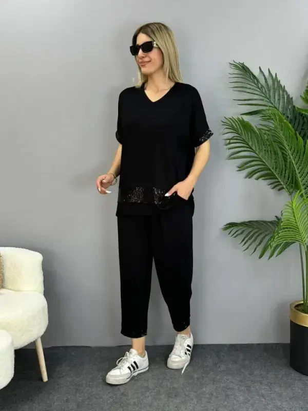 Kadın Kısa Kollu V Yakalı Pul Payetli Viskon Iki Iplik Bluz Ve Pantolon Ikili Takım - 7