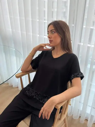 Kadın Kısa Kollu V Yakalı Pul Payetli Viskon Iki Iplik Bluz Ve Pantolon Ikili Takım - 1