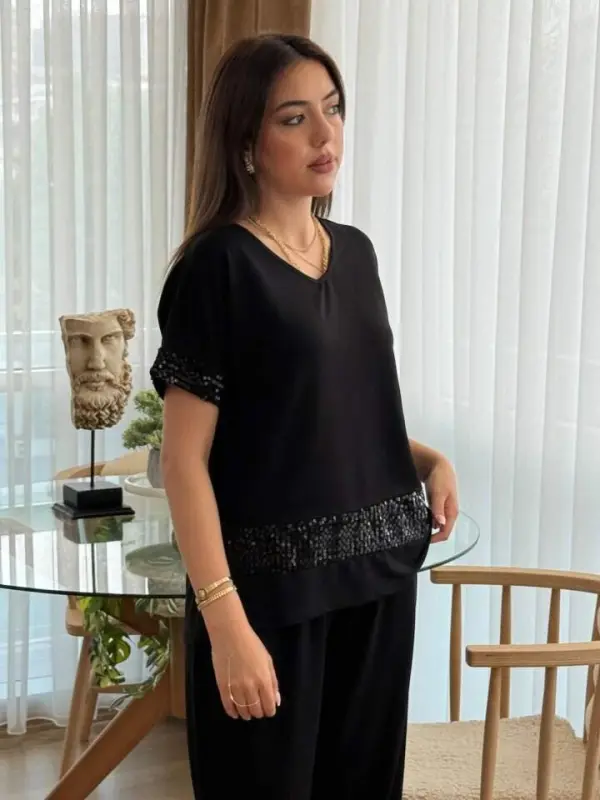 Kadın Kısa Kollu V Yakalı Pul Payetli Viskon Iki Iplik Bluz Ve Pantolon Ikili Takım - 2