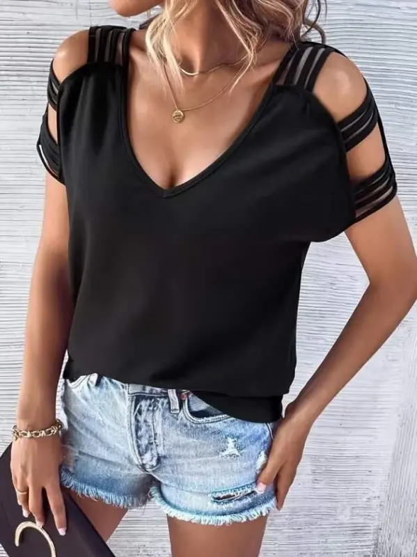 Kadın Kısa Kollu V Yakalı şerit Detaylı Viskon Bluz - 2