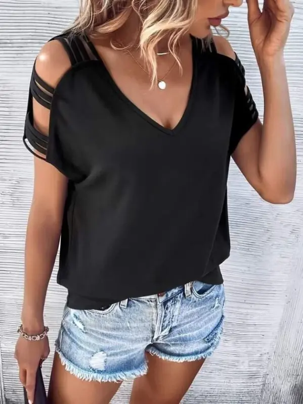 Kadın Kısa Kollu V Yakalı şerit Detaylı Viskon Bluz - 3