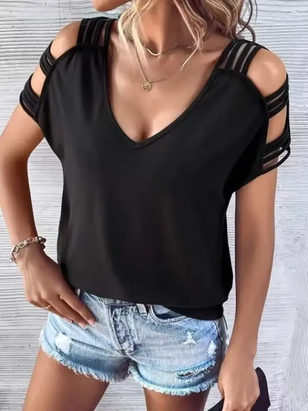 Kadın Kısa Kollu V Yakalı şerit Detaylı Viskon Bluz - BÜYÜKBEDENIZ