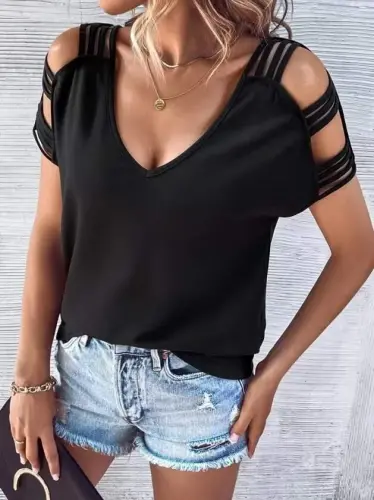 Kadın Kısa Kollu V Yakalı şerit Detaylı Viskon Bluz - BÜYÜKBEDENIZ (1)