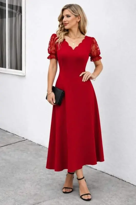 Kadın Kısa Kollu V Yakalı Uzun Janjan Elbise - 2