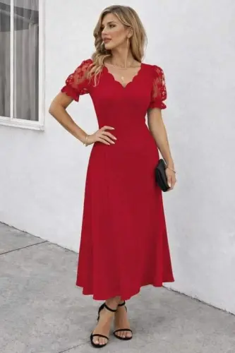 Kadın Kısa Kollu V Yakalı Uzun Janjan Elbise - 3