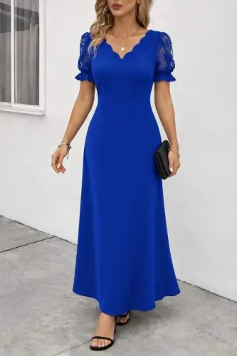 Kadın Kısa Kollu V Yakalı Uzun Janjan Elbise - 1