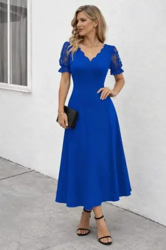 Kadın Kısa Kollu V Yakalı Uzun Janjan Elbise - BÜYÜKBEDENIZ (1)