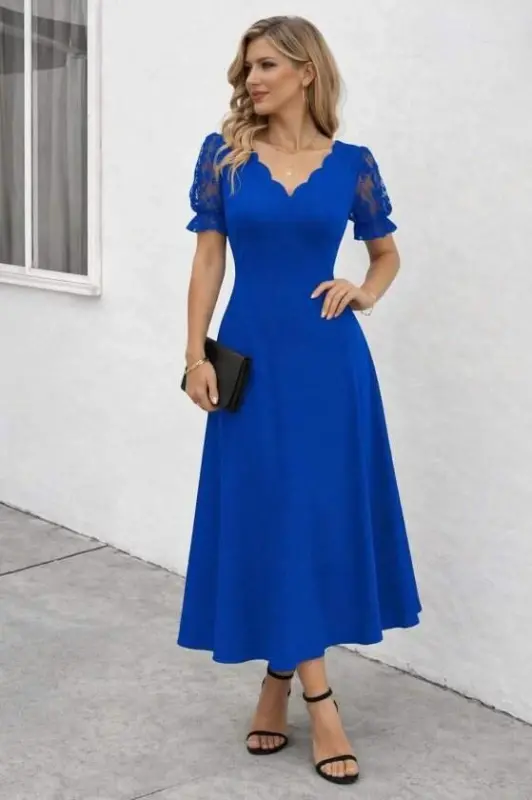 Kadın Kısa Kollu V Yakalı Uzun Janjan Elbise - 2