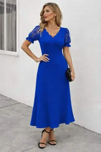 Kadın Kısa Kollu V Yakalı Uzun Janjan Elbise - 3