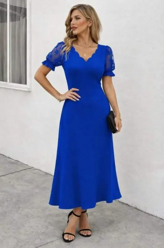 Kadın Kısa Kollu V Yakalı Uzun Janjan Elbise - 3