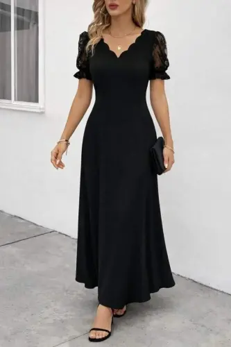 Kadın Kısa Kollu V Yakalı Uzun Janjan Elbise - 1