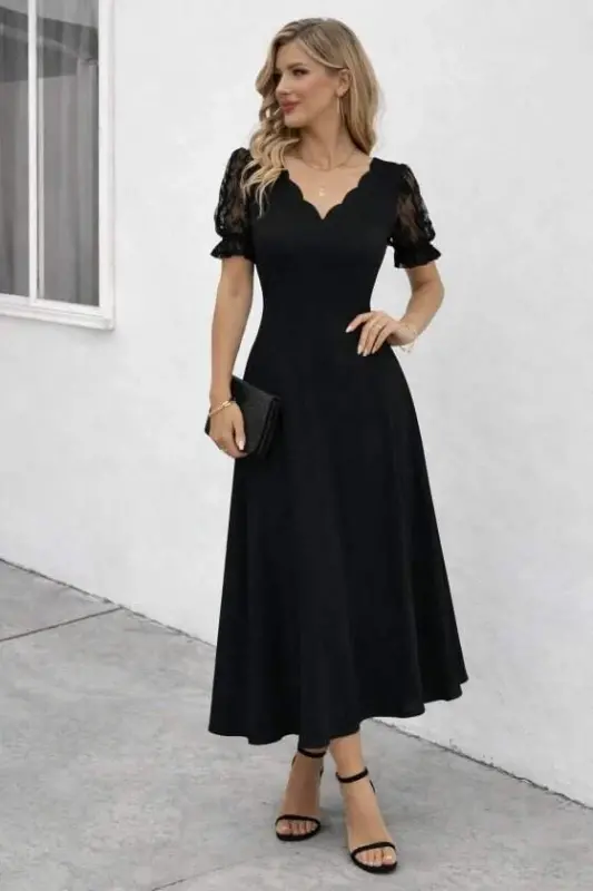 Kadın Kısa Kollu V Yakalı Uzun Janjan Elbise - 2