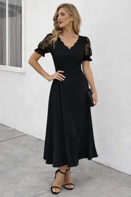 Kadın Kısa Kollu V Yakalı Uzun Janjan Elbise - 3