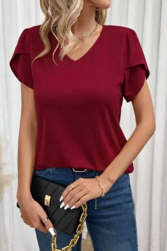 Kadın Kısa Kollu V Yakalı Viskon Bluz - BÜYÜKBEDENIZ (1)