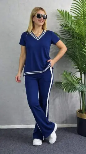 Kadın Kısa Kollu V Yakalı Viskon Iki Iplik Bluz Ve Pantolon Ikili Takım - 1