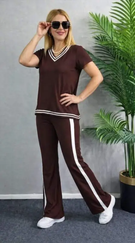 Kadın Kısa Kollu V Yakalı Viskon Iki Iplik Bluz Ve Pantolon Ikili Takım - 3