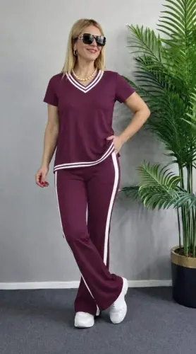 Kadın Kısa Kollu V Yakalı Viskon Iki Iplik Bluz Ve Pantolon Ikili Takım - 3