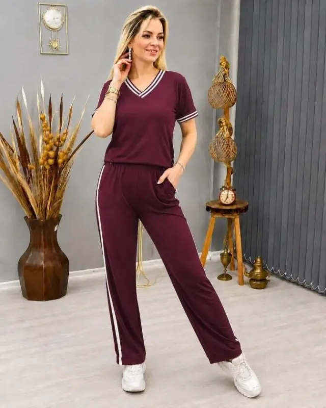 Kadın Kısa Kollu V Yakalı Viskon Iki Iplik Bluz Ve Pantolon Ikili Takım - 3