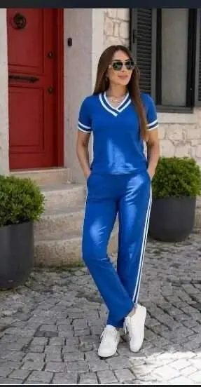 Kadın Kısa Kollu V Yakalı Viskon Iki Iplik Bluz Ve Pantolon Ikili Takım - 1