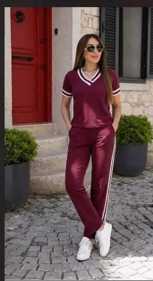 Kadın Kısa Kollu V Yakalı Viskon Iki Iplik Bluz Ve Pantolon Ikili Takım - 1