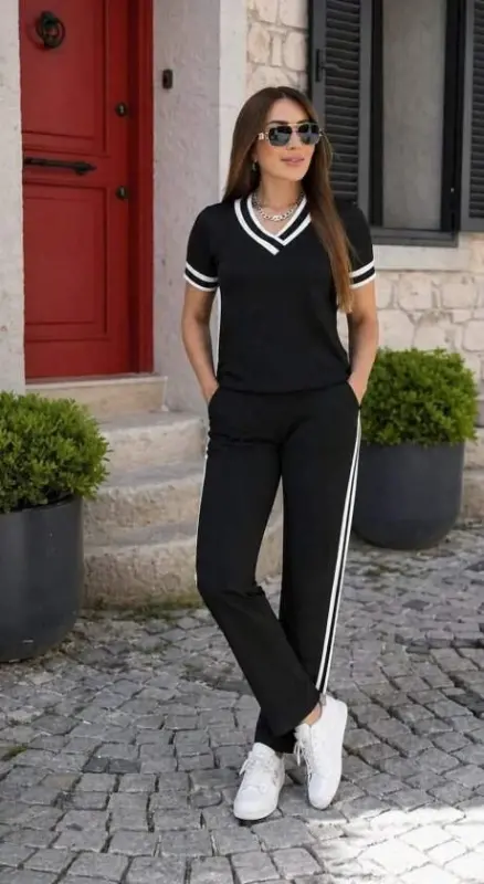 Kadın Kısa Kollu V Yakalı Viskon Iki Iplik Bluz Ve Pantolon Ikili Takım - 1