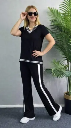 Kadın Kısa Kollu V Yakalı Viskon Iki Iplik Bluz Ve Pantolon Ikili Takım - 2