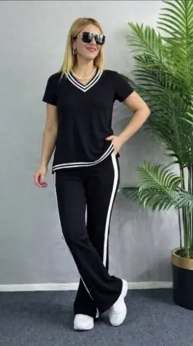 Kadın Kısa Kollu V Yakalı Viskon Iki Iplik Bluz Ve Pantolon Ikili Takım - 3
