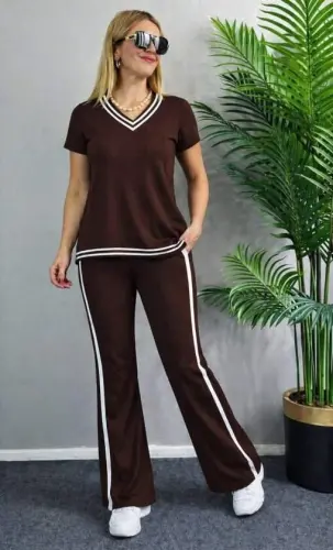 Kadın Kısa Kollu V Yakalı Viskon Iki Iplik Bluz Ve Pantolon Ikili Takım - 1