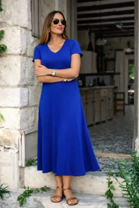 Kadın Kısa Kollu V Yakalı Yırtmaçlı Midi Viskon Elbise - 1