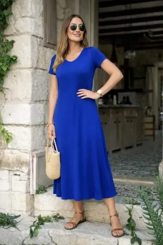 Kadın Kısa Kollu V Yakalı Yırtmaçlı Midi Viskon Elbise - 3