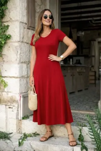 Kadın Kısa Kollu V Yakalı Yırtmaçlı Midi Viskon Elbise - 3