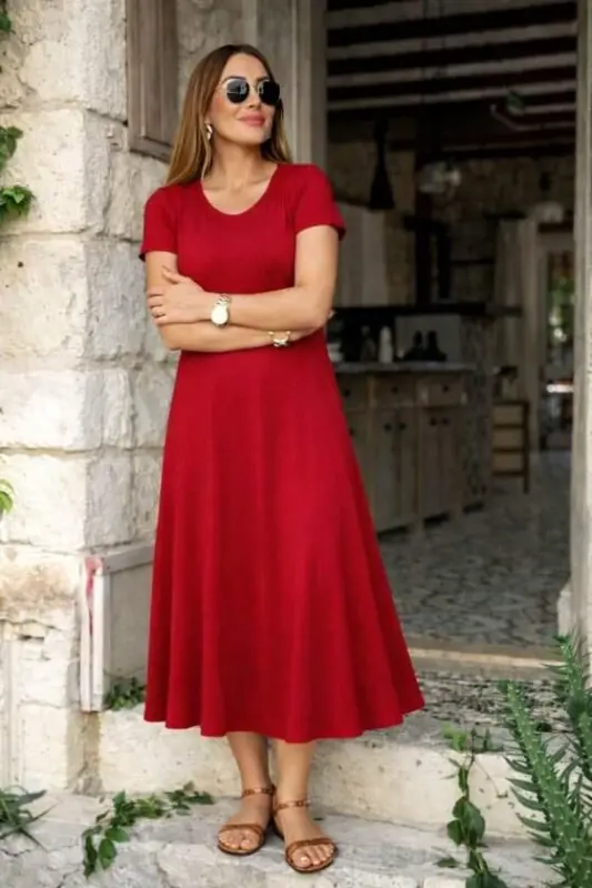 Kadın Kısa Kollu V Yakalı Yırtmaçlı Midi Viskon Elbise - BÜYÜKBEDENIZ