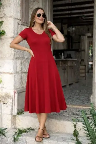 Kadın Kısa Kollu V Yakalı Yırtmaçlı Midi Viskon Elbise - BÜYÜKBEDENIZ (1)