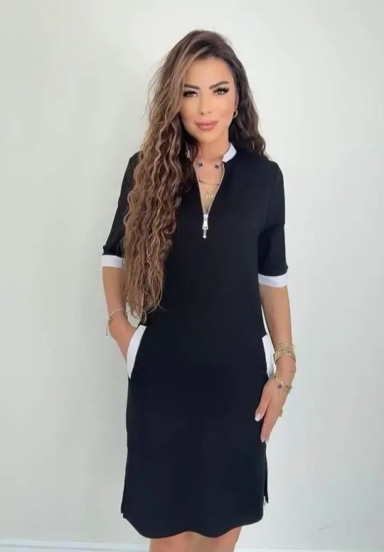 Kadın Kısa Kollu Yakadan Fermuarlı Cepli Yandan Yırtmaçlı Viskon Elbise - 3