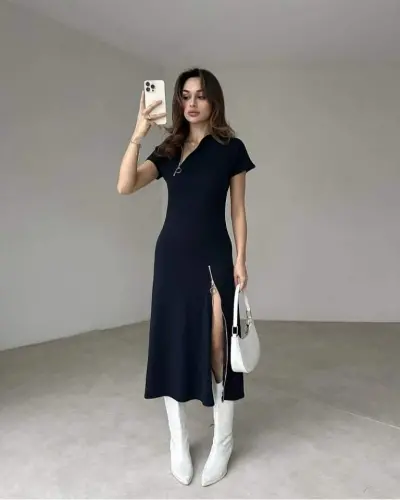 Kadın Kısa Kollu Yakadan Ve Etekten Fermuarlı Midi Viskon Iki Iplik Elbise - 5