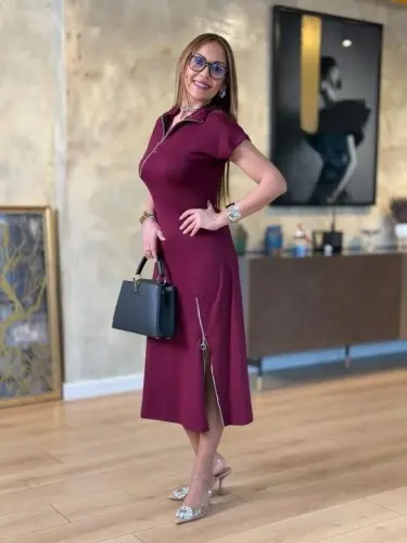 Kadın Kısa Kollu Yakadan Ve Etekten Fermuarlı Midi Viskon Iki Iplik Elbise - BÜYÜKBEDENIZ (1)