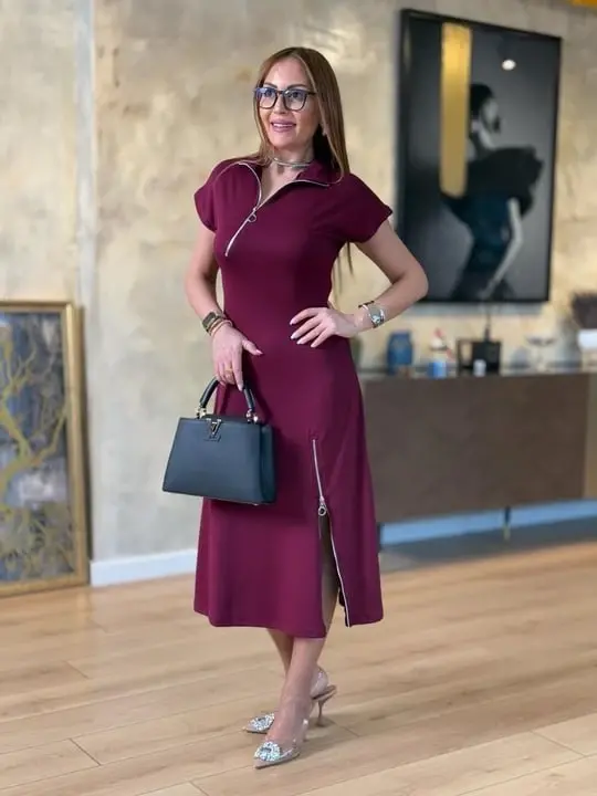 Kadın Kısa Kollu Yakadan Ve Etekten Fermuarlı Midi Viskon Iki Iplik Elbise - 4