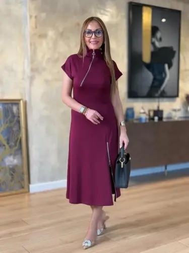 Kadın Kısa Kollu Yakadan Ve Etekten Fermuarlı Midi Viskon Iki Iplik Elbise - 5