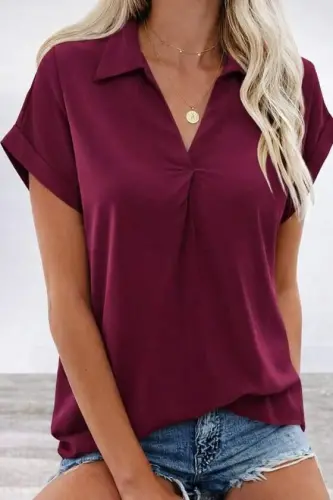 Kadın Kısa Kollu Yakalı Dokuma Viskon Bluz - 1