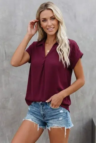 Kadın Kısa Kollu Yakalı Dokuma Viskon Bluz - 2