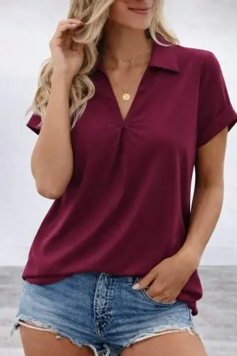 Kadın Kısa Kollu Yakalı Dokuma Viskon Bluz - 3